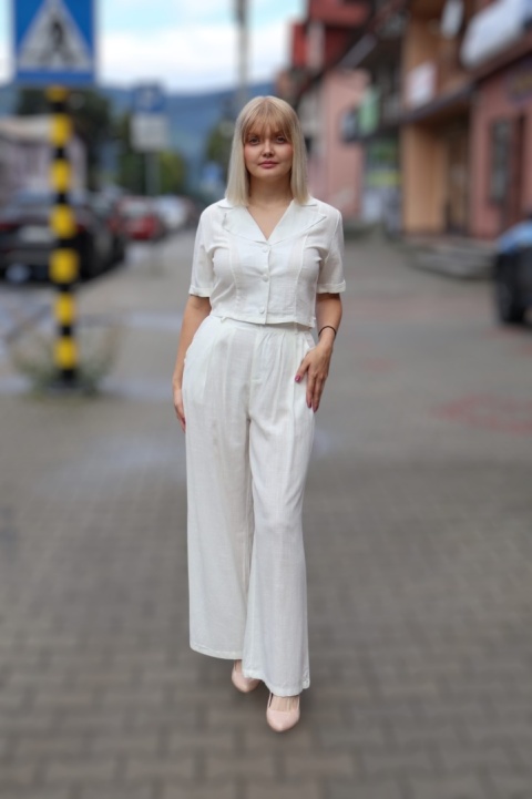 Lniano wiskozowy komplet szerokie spodnie i krótka bluzka, biały