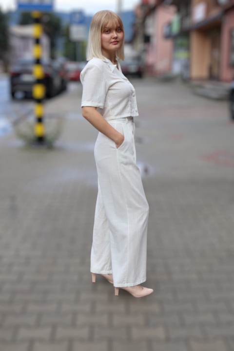 Lniano wiskozowy komplet szerokie spodnie i krótka bluzka, biały