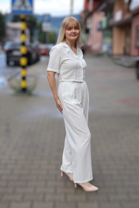 Lniano wiskozowy komplet szerokie spodnie i krótka bluzka, biały