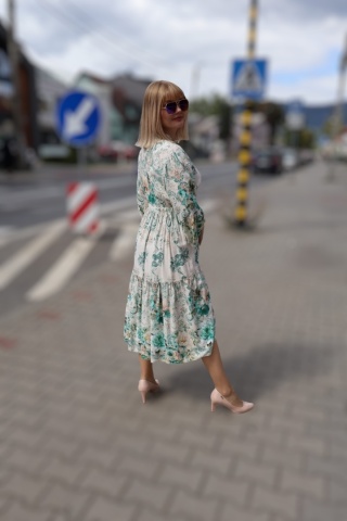 Sukienka damska midi w kwiaty wiązana w pasie, 100% wiskoza