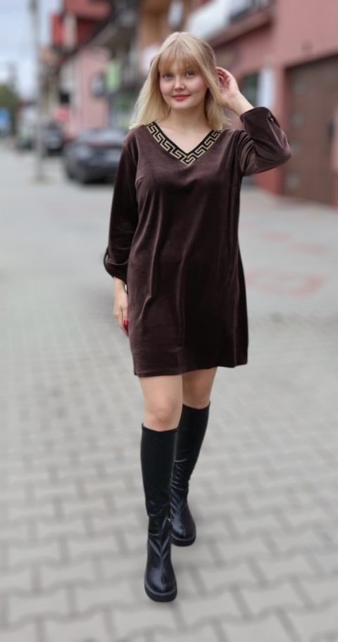 Sukienka welurowa z dekoltem V, brązowa