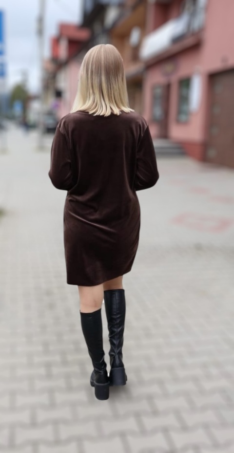 Sukienka welurowa z dekoltem V, brązowa