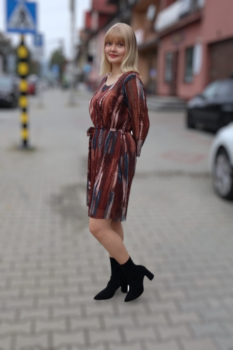 Sukienka damska wzorzysta, brązowa