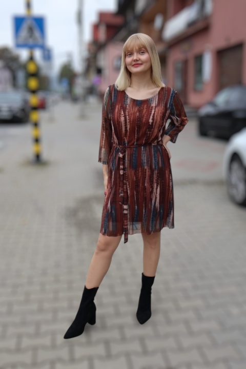 Sukienka damska wzorzysta, brązowa