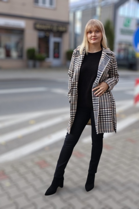 Stylowy płaszcz w kratę z guzikami, klasyczny płaszcz jesienny UNI