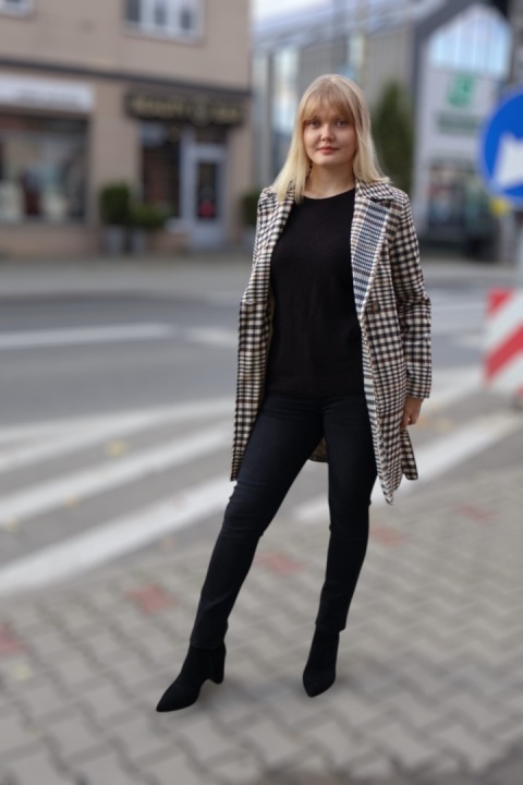 Stylowy płaszcz w kratę z guzikami, klasyczny płaszcz jesienny UNI