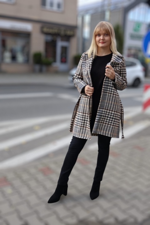 Stylowy płaszcz w kratę z guzikami, klasyczny płaszcz jesienny UNI