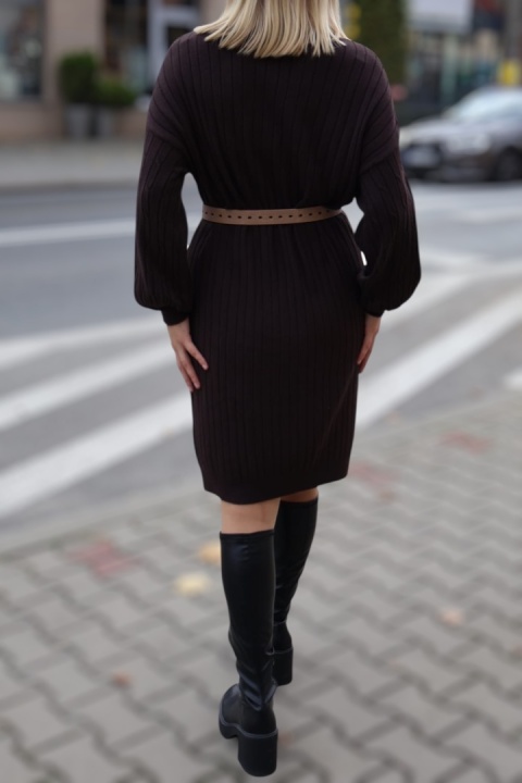Czekoladowa sukienka dzianinowa, sukienka prążkowana z długim rękawem UNI