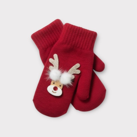 Czerwone rękawiczki jednopalcowe z motywem renifera damskie