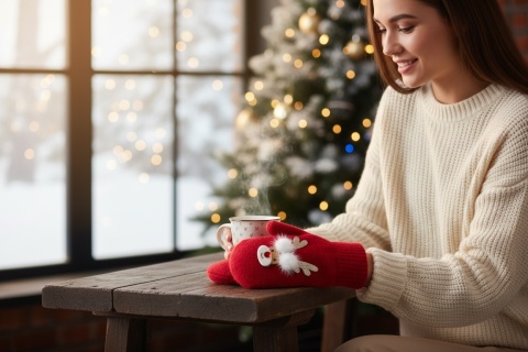 Czerwone rękawiczki jednopalcowe z motywem renifera damskie