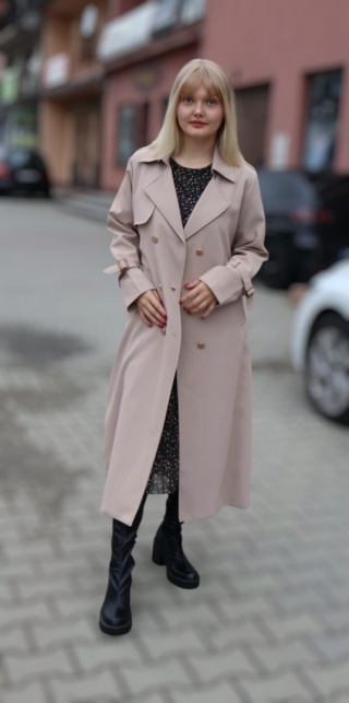 Stylowy długi płaszcz trencz z kieszeniami, beżowy