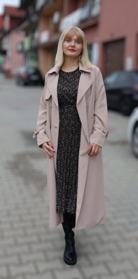 Stylowy długi płaszcz trencz z kieszeniami, beżowy