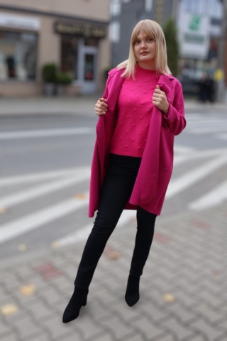 Stylowy płaszcz fuksjowy, modny płaszcz jesienny damski UNI zapinany na guzik