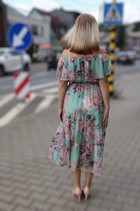 Sukienka hiszpanka z falbaną w kwiaty, midi