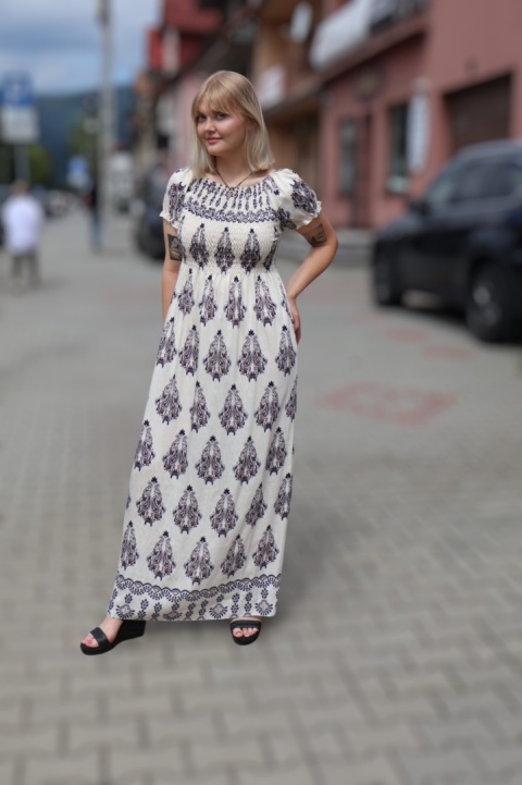 Sukienka maxi hiszpanka, azteckie wzory, krótki rękaw