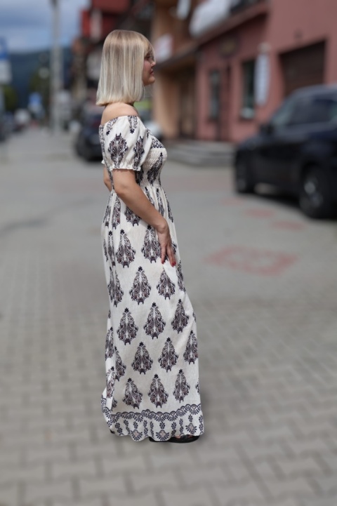 Sukienka maxi hiszpanka, azteckie wzory, krótki rękaw