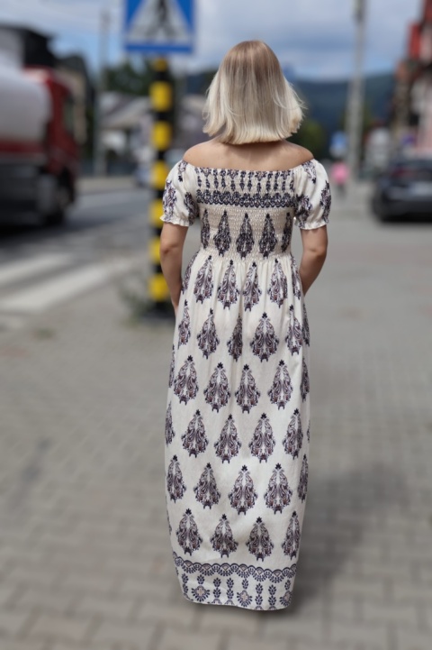Sukienka maxi hiszpanka, azteckie wzory, krótki rękaw
