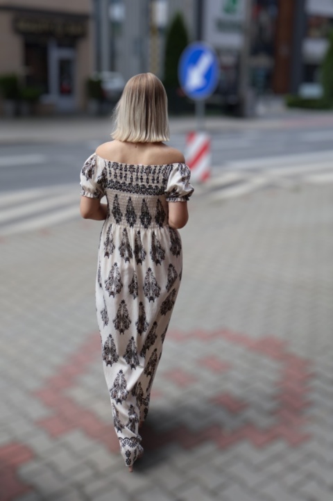 Sukienka maxi hiszpanka, azteckie wzory, krótki rękaw