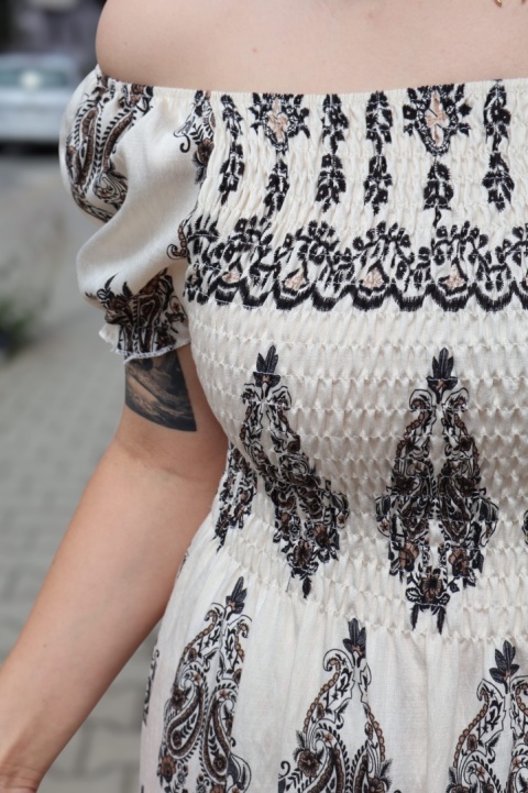 Sukienka maxi hiszpanka, azteckie wzory, krótki rękaw