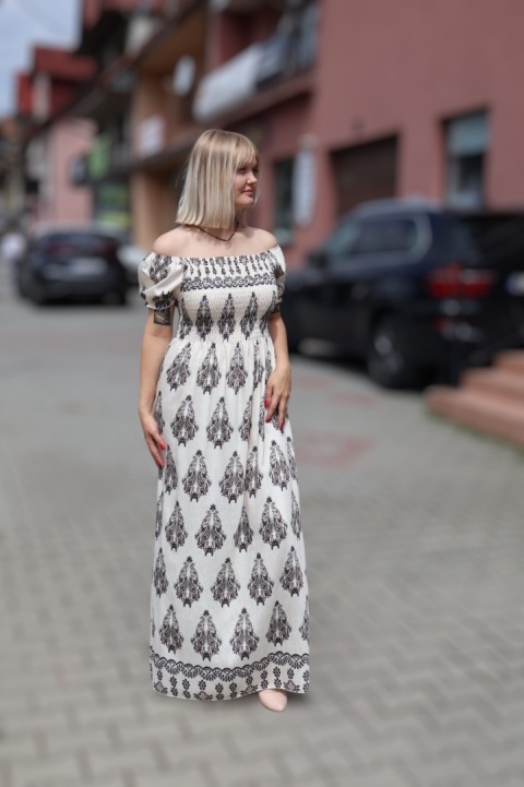 Sukienka maxi hiszpanka, azteckie wzory, krótki rękaw