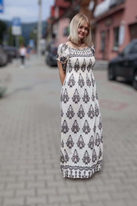 Sukienka maxi hiszpanka, azteckie wzory, krótki rękaw