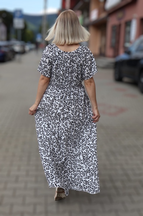 Sukienka maxi hiszpanka w drobne listki, krótki rękaw, biała