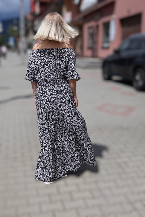 Sukienka maxi hiszpanka w drobne listki, krótki rękaw czarna