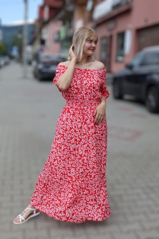 Sukienka maxi hiszpanka w drobne listki, krótki rękaw czerwona