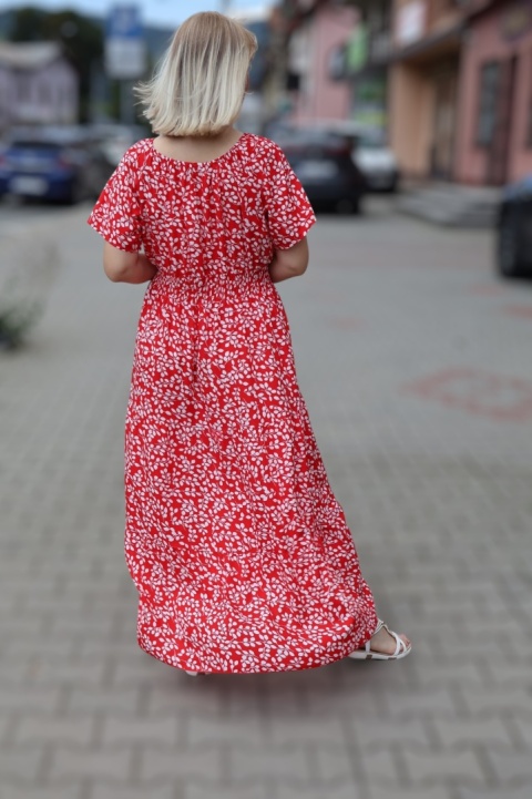Sukienka maxi hiszpanka w drobne listki, krótki rękaw czerwona