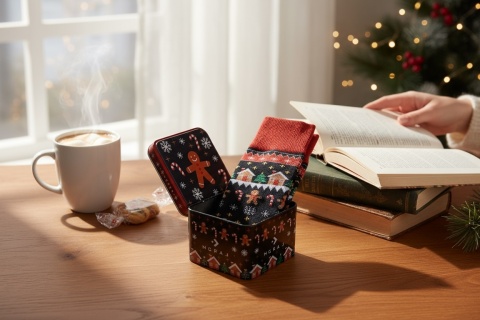 Świąteczne skarpetki z motywem piernikowym w ozdobnym metalowym pudełku Moraj