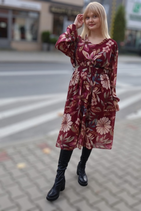 Szyfonowa rozkloszowana sukienka midi w kwiaty bordo