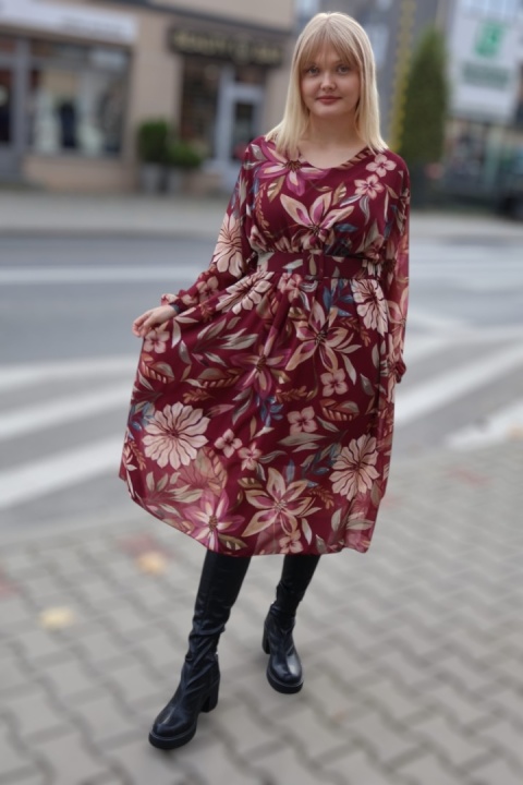 Szyfonowa rozkloszowana sukienka midi w kwiaty bordo