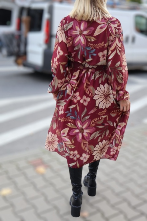 Szyfonowa rozkloszowana sukienka midi w kwiaty bordo