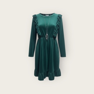 Welurowa sukienka dziewczęca z falbankami i naszyjnikiem