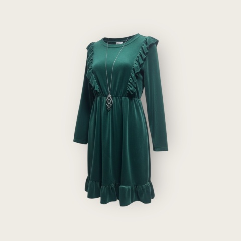 Welurowa sukienka dziewczęca z falbankami i naszyjnikiem