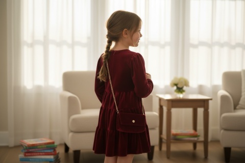 Welurowa sukienka dziewczęca z torebeczką