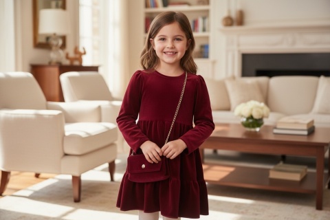 Welurowa sukienka dziewczęca z torebeczką