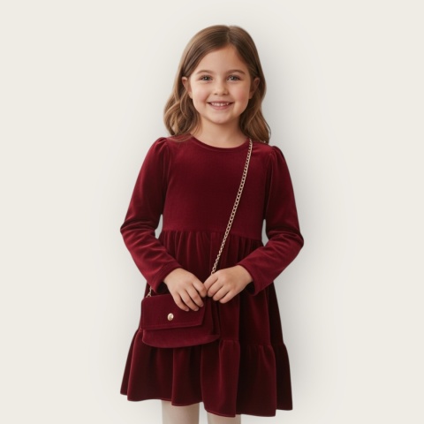 Welurowa sukienka dziewczęca z torebeczką