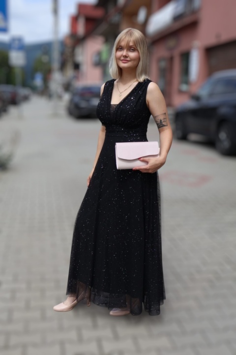 Wieczorowa tiulowa sukienka maxi z dekoltem w serek czarna