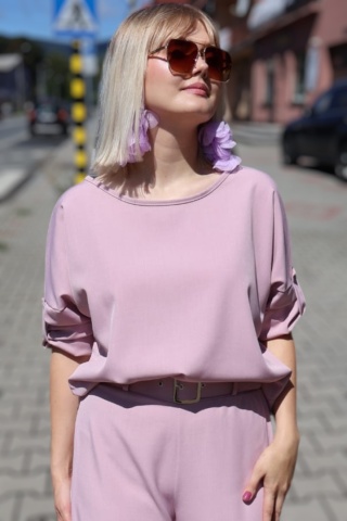 Wiskozowy komplet bluzka i spodnie z szerokimi nogawkami pudrowy róż