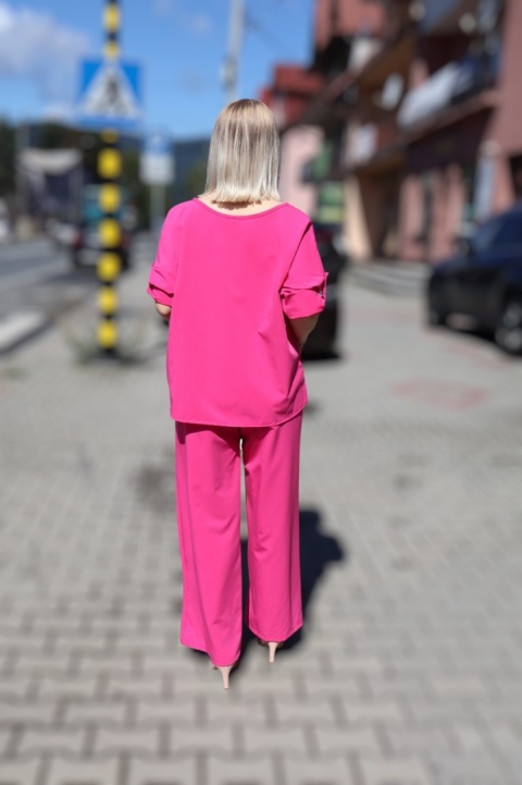 Wiskozowy komplet bluzka i spodnie z szerokimi nogawkami róż fuksja