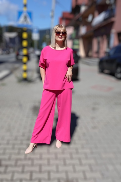 Wiskozowy komplet bluzka i spodnie z szerokimi nogawkami róż fuksja