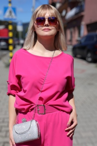 Wiskozowy komplet bluzka i spodnie z szerokimi nogawkami róż fuksja