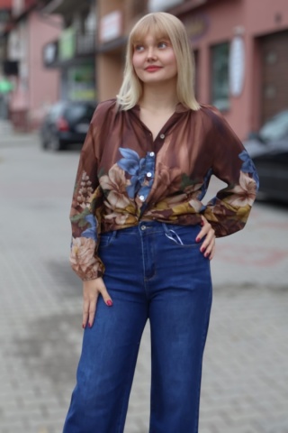 Zwiewna bawełniana koszula z motywem kwiatowym, brązowa