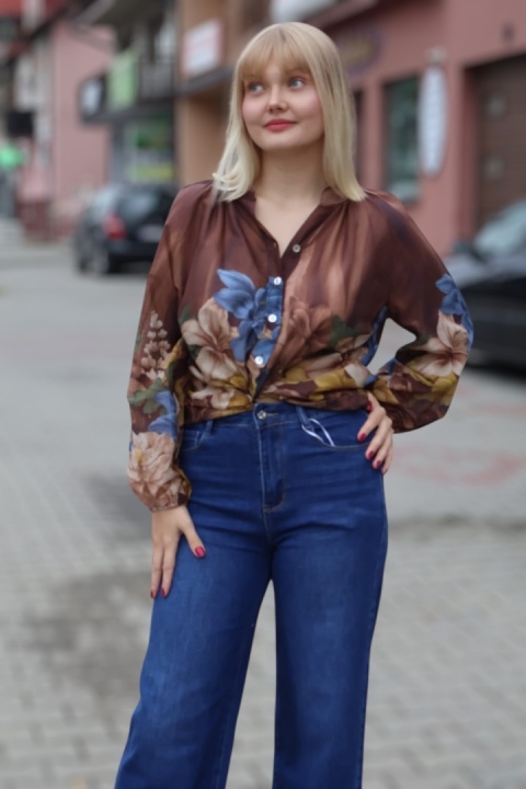 Zwiewna bawełniana koszula z motywem kwiatowym, brązowa