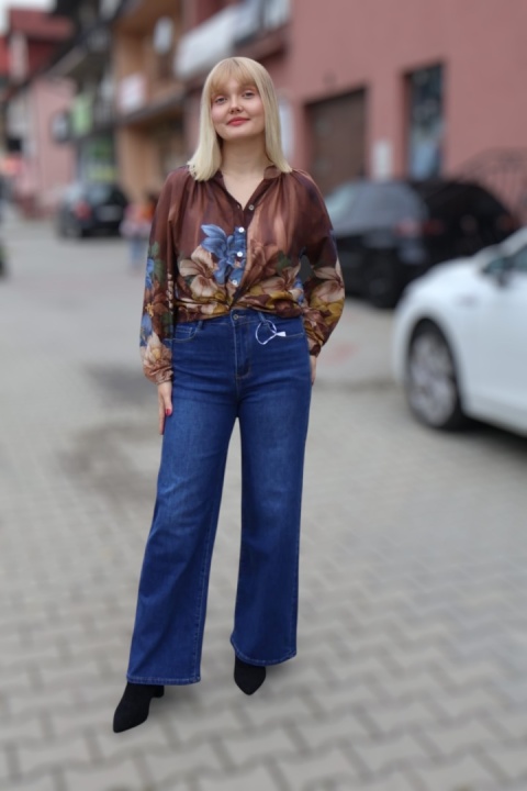 Zwiewna bawełniana koszula z motywem kwiatowym, brązowa