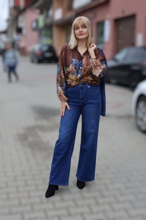 Zwiewna bawełniana koszula z motywem kwiatowym, brązowa